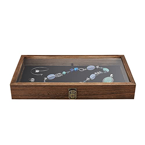 MOOCA Wood Jewelry Display Case with Tempered Glass Top, Black Velvet Pad - color: 1) Brown