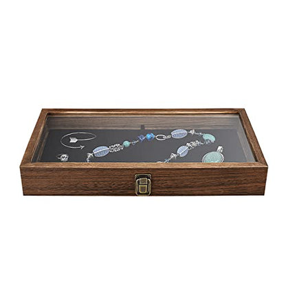 MOOCA Wood Jewelry Display Case with Tempered Glass Top, Black Velvet Pad - color: 1) Brown