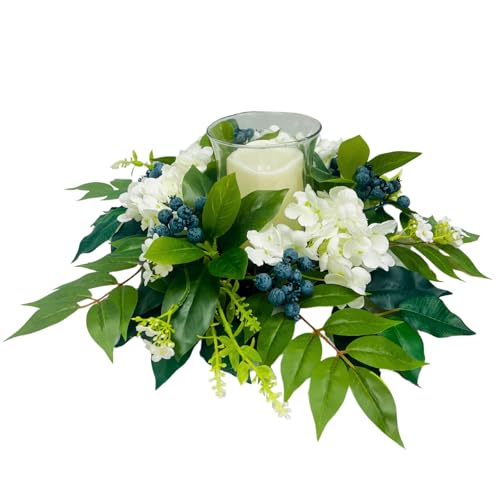 Svndlyn Candle Holder Centerpiece with Glass Hurricane and White Hydrangeas