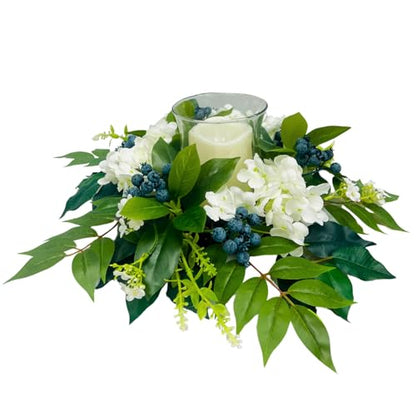 Svndlyn Candle Holder Centerpiece with Glass Hurricane and White Hydrangeas