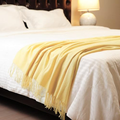 CUDDLE DREAMS Premium Cashmere Throw Blanket with Fringe (Yellow) - color: Yellow