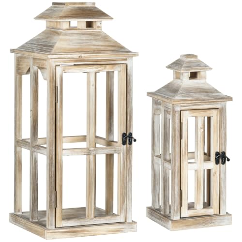 HOMCOM 2 Pack 28"/20" Wooden Lantern Decorative, Indoor/Outdoor, Natural