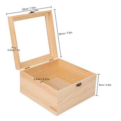 2 Pack Wood Box with Glass Lid, 7.87 x 7.87 x 4.72 inch Wooden Display Box with Hinged Lid for DIY Craft, Collectibles - size: 2 Pack 7.87 x 7.87 x 4.72 inch