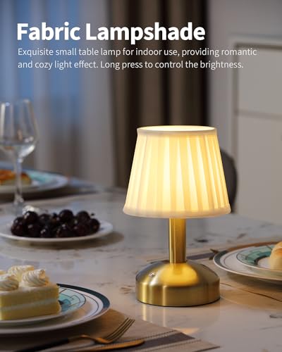 KDG Gold Cordless Small Table Lamp, Portable LED Fabric Shade Desk Lamp - color: Gold + White Fabric Lampshde