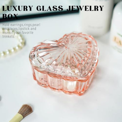 Glass Heart Shaped Jewelry Box with Lid, Ring Earring Trinket Storage Box - color: Pink