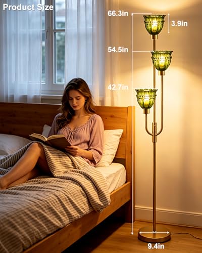 Green Glass Floor Lamp 66IN 3-Light Modern Gold Dimmable Tree Floor Lamps - color: Green Lace-Gold