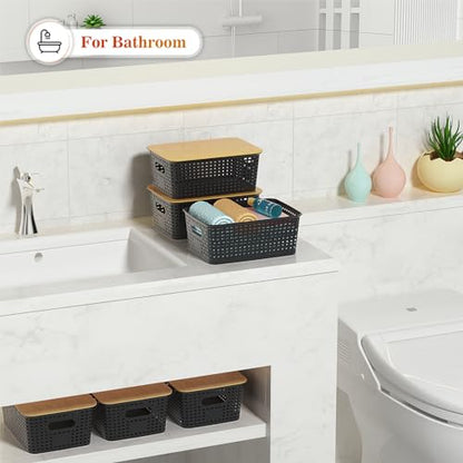 Ohmlove 6 Pack Plastic Storage Baskets with Bamboo Lids for Organization - color: Black