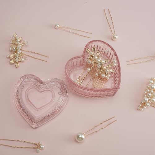 2PCS Glass Jewelry Box by DSIOHFEI, Heart-Shape with Lid for Women Girls