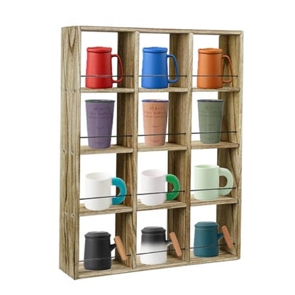 12 Grid coffee mug display shelf, 17x25" Wooden cup shelf for wall, Carbon - color: Carbon