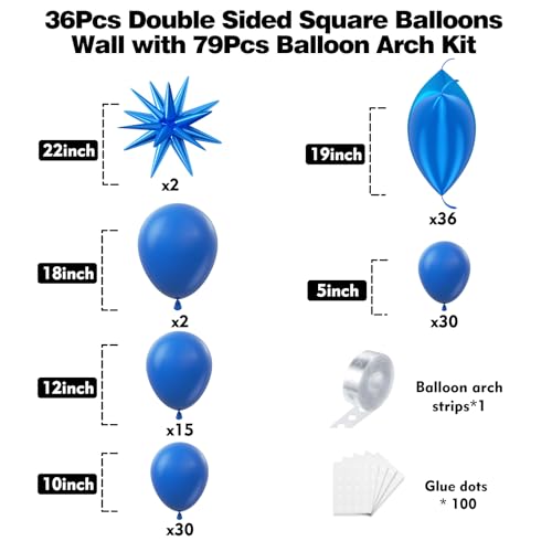 36pcs Blue Square Foil Balloons Wall Backdrop with 79pcs Balloon Garland Arch Kit, Double Sided Balloon for Birthday Baby Shower Bridal Shower Anniversary Prom Graduation Party Decorations - color: Blue