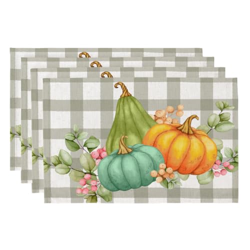 QIYI Fall Placemats Set of 4, 12"x18" Linen Place Mats, Plaid Pumpkin - color: Plaid Pumpkins, size: Set of 4