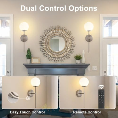Globe Battery Operated Sconce Set of 2 with Clear Glass Lampshade - color: Brushed Nickel-Frosted White