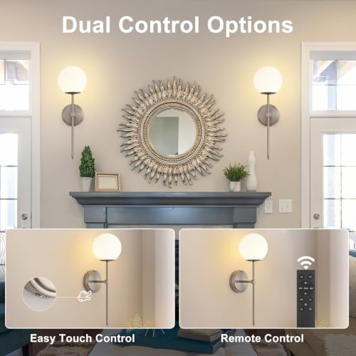 Globe Battery Operated Sconce Set of 2 with Clear Glass Lampshade - color: Brushed Nickel-Frosted White
