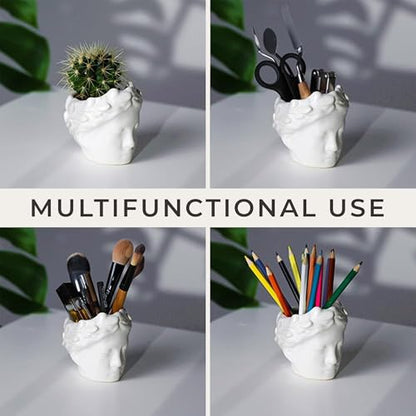 Small Head Planter - Ceramic Face Planter Pots for Indoor Plants, Cute Funny Succulent Pot with Drainage Hole, Unique Gift, 3.9" - color: White