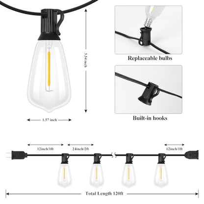 Brightever 120FT Outdoor String Lights 62 Bulbs, Waterproof Patio Lights - color: Black Wire Warm White, size: 120FT