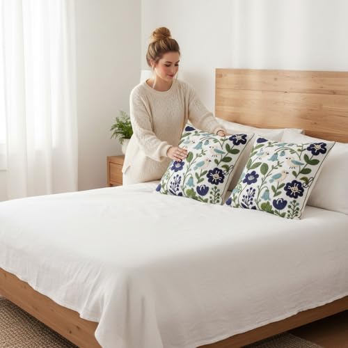 Embroidered Throw Pillow Covers 18x18 inch Pack of 2 Navy Blue Birds - color: Green Leaves With Birds