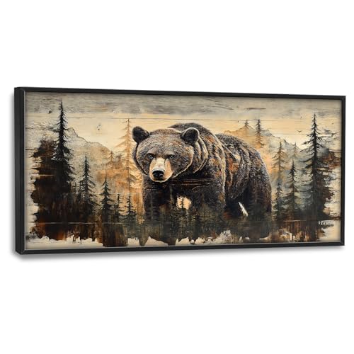Trulave Framed Large Cabin Bear Wall Art Decor for Living Room 60''x30'' | Brown Bear Canvas Wall Decor Wildlife Animal Pictures Framed Painting Natural Artwork for Bedroom Office - color: Brown Bear, size: 60"L x 30"W