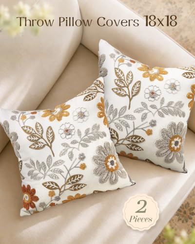 Fall Embroidered Throw Pillow Covers 18x18, Set of 2, Amber Blooms - color: Amber Blooms, size: 18" x 18" (Pack of 2)