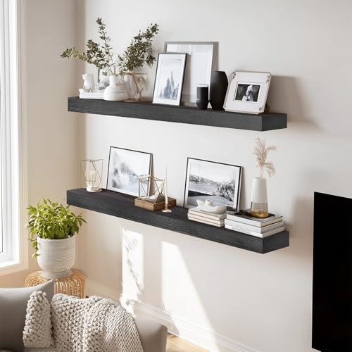 Solid Wood Floating Shelves, 36 Inch Wall Shelves, Set of 2, Black - color: Black, size: 36x8x1.6