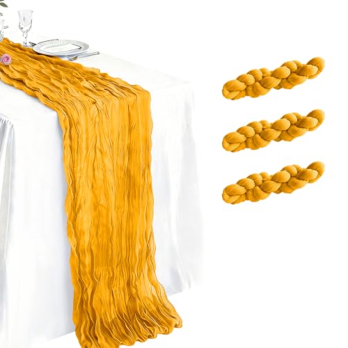 3 Pack Gold Cheesecloth Table Runner 21 x 120 Inch Boho Gauze Sheer Table Runner 10FT Long for Wedding Baby Shower Bridal Shower Easter Holiday Birthday Home Decor - color: Gold, size: 21"×120“-3pcs