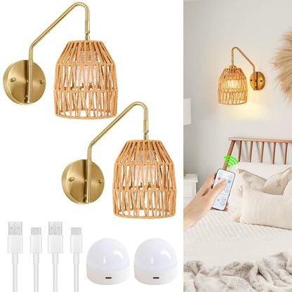 Rattan Battery Operated Wall Sconce Set of Two,Rechargeable,Remote