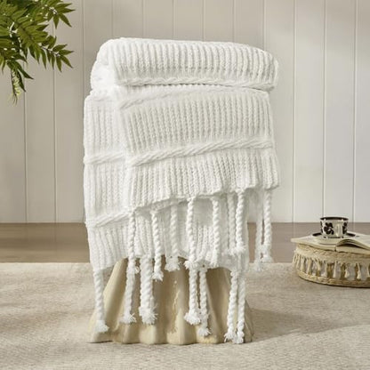 Boho Knitted Chenille Blanket with Tassels - Lightweight & Soft All-Season Throw - 3D Classic Pattern for Living Room Bedroom Couch, Cloud White, Throw 50"x60" - color: Cloud White, size: Throw