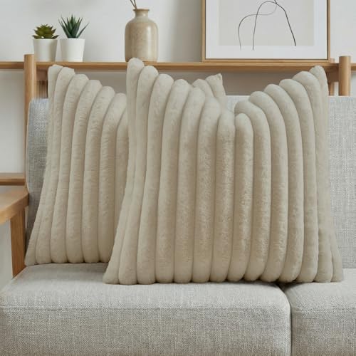 FUTEI Pack of 2 Faux Fur Throw Pillow Covers 24x24 Inch, Beige - color: Beige, size: 24" x 24" (Pack of 2)