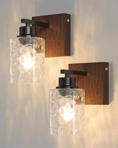 Hammered Glass Battery Operated Wall Sconces Set of Two Black & Walnut | Dimmable Rechargeable Wall Lights with Remote Timer, Easy Install Lamp for Living Room Bedroom, Emergency 3000K - color: Black Walnut(Clear Hammered Lampshades)