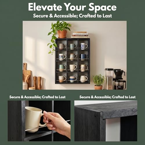 12 Grid coffee mug display shelf, 17x25" Wooden cup shelf for wall, Black - color: Black