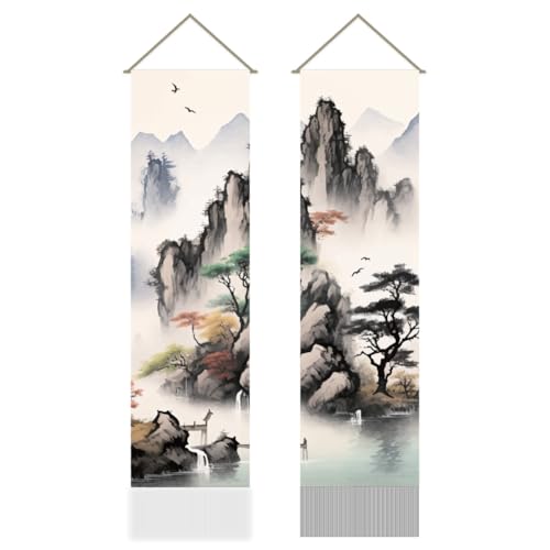 AHANDMAKER 2Pcs Asian Landscape Painting Tapestry, Oriental Ink Aesthetics Mountain Tree Japanese Artistry Tassel Tapestry Hanging for Bedroom Living Room Interior Décor(45.7x13 Inch) - color: Landscape Painting
