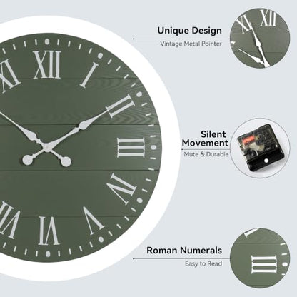 Large Wall Clock with Roman Numeral, 24” Shiplap Farmhouse Clock - color: Green, size: 24 Inch