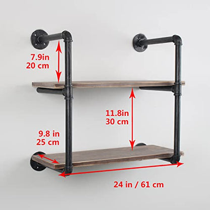 MBQQ Industrial Pipe Shelving Wall Mounted,24in Rustic Metal Floating Shelves,Steampunk Real Wood Book Shelves,Wall Shelf Unit Bookshelf Hanging Wall Shelves,Farmhouse Kitchen Bar Shelving(2 Tier) - color: 2-layer, size: 24in