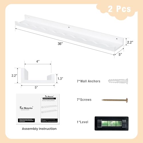 Fun Memories Picture Ledge Shelf for Wall, 36 inch Pine Wood Nursery Book Shelves Set of 2- Wall Book Shelves for Kids Room, Home Decor - Kitchen Spice-White - color: White, size: 36", Set of 2