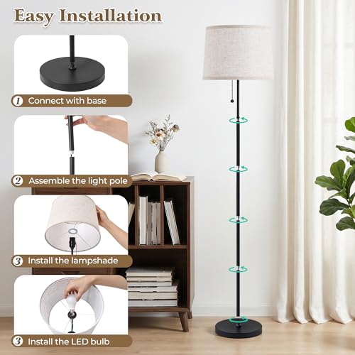 Floor Lamps for Living Room & Bedroom, 60" Modern Tall Standing Lamp, 3CCT - color: Linen T-Shades+Black Pole
