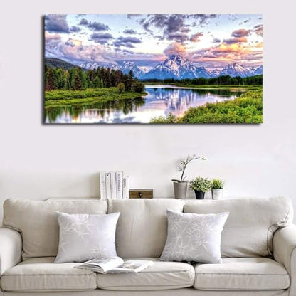 Grand Teton Canvas Wall Art Oxbow Bend Mountain River Pictures, 29"x58" - color: National Park, size: 58"L x 29"W
