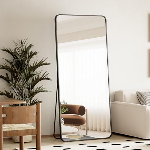 BEAUTYPEAK 66" x 23" Rounded Corner Full Length Mirror with Stand, Black - color: Black, size: 66"L x 23"W