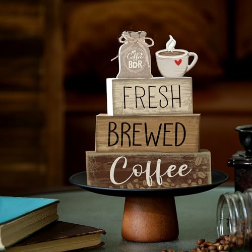 Yuntau 4 Pcs FarmhouseCoffee Bar Decor Wooden Tabletop Block Sign - style: Coffee Bar