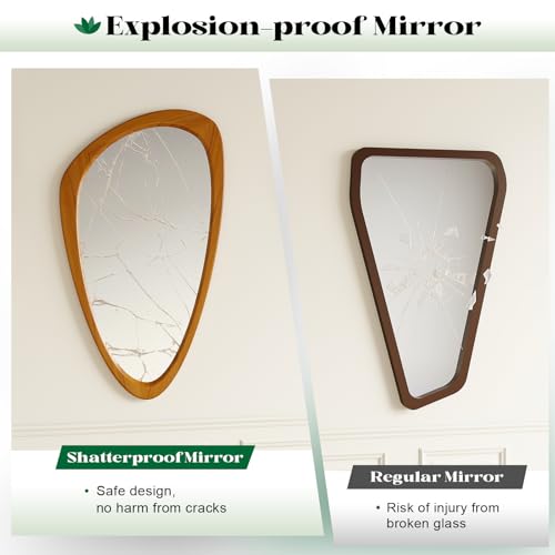 Mid Century Modern Mirror, 22x48 Inch Irregular Wall Mirror, Asymmetrical Wall Mirrors Full Length with Pine Wood Frame for Living Room Bathroom Entryway Hangs Horizontally or Vertically