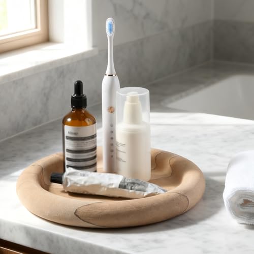 Natural Marble Vanity Tray, 9.45" Sandstone Texture Round Decorative Trays - color: Sandstone