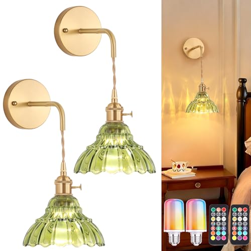 Shenmoyl Vintage Battery Operated wall sconces Set of 2, Wall Lamps with Green Lily of the Shade Pattern Glass, Adjustable Chain Wall Lights, sconces wall Decor for Stairway Living Room Doorway - color: Lily of the Valley-Green, size: 2Pack-Battery Operat