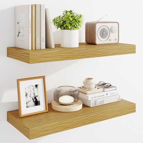 Marsmiles 24" Floating Shelves for Wall, Wooden Shelves with Invisible Brackets Set of 2, Rustic Farmhouse Wall Mounted Shelf for Kitchen Bathroom Living Room Study, Natural Oak - color: Natural Oak, size: 24"