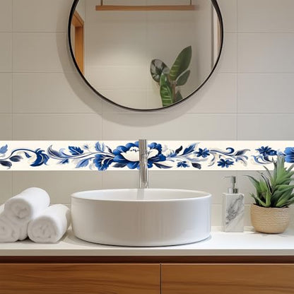 HOMETITUTE Peel and Stick Wallpaper Border 4x196in Blue Floral Pattern - color: blue flowers