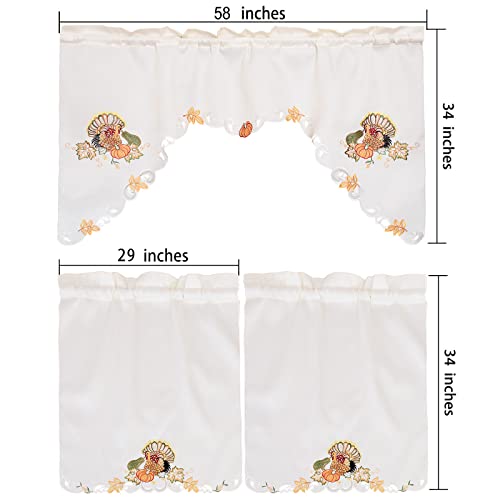Simhomsen Fall Autumn Embroidered Turkey Kitchen Window Curtain Swag and Tiers Set for Thanksgiving Holiday (Turkeys) - color: Turkeys