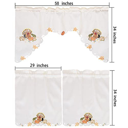 Simhomsen Fall Autumn Embroidered Turkey Kitchen Window Curtain Swag and Tiers Set for Thanksgiving Holiday (Turkeys) - color: Turkeys
