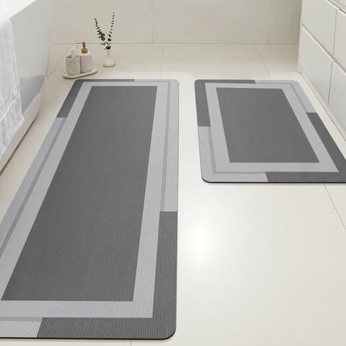 ACCUMTEK Non Slip Bath Mat, Thin Bathroom Rugs Fit Under Door, Quick Dry Bath Mats, Machine Washable Bath Rugs for Bathroom, Bathtub & Kitchen, Bathtub, Grey/Bordered/24 x17+48"x20" - color: Grey, size: 24"x17"+48"x20"