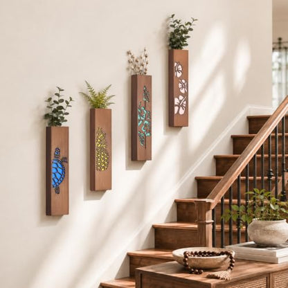 4 Sets Wood Wall Vase Planter for Home Decor Living Room Bedroom Bathroom Wooden Hanging Planters Vases Wall-Mounted Rustic Farmhouse Decorative Holders Mount - Brown - 11.81in