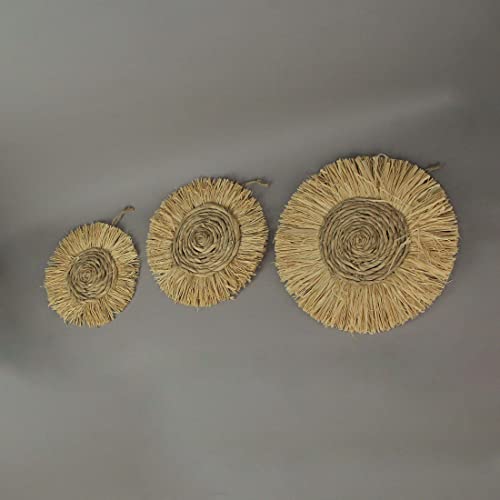 Set of 3 Woven Wall Sculptures, 15 Inch Diameter Dried Grass Decor | Brown Natural Plant Fibers, Medium 12 Inch and Small 10.5 Inch Diameters, Attached Twine Hangers