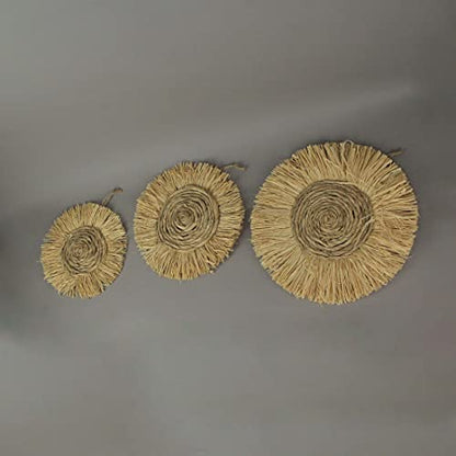 Set of 3 Woven Wall Sculptures, 15 Inch Diameter Dried Grass Decor | Brown Natural Plant Fibers, Medium 12 Inch and Small 10.5 Inch Diameters, Attached Twine Hangers