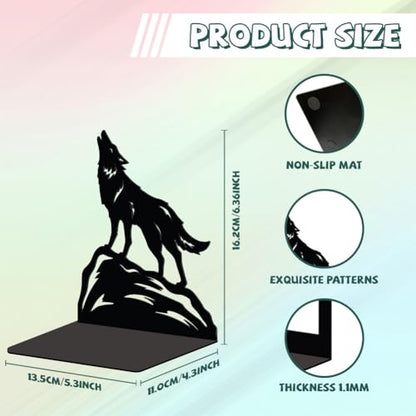 Peacoblue 5.3"x4.3"x6.4" Metal Bookends, Heavy Duty Book Ends for Shelves - style: Howling Wolf