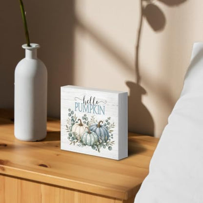 Hello Pumpkin Fall Eucalyptus Botanical Wood Box Sign Desk Decor 5X5 - color: Sage Green & Blue